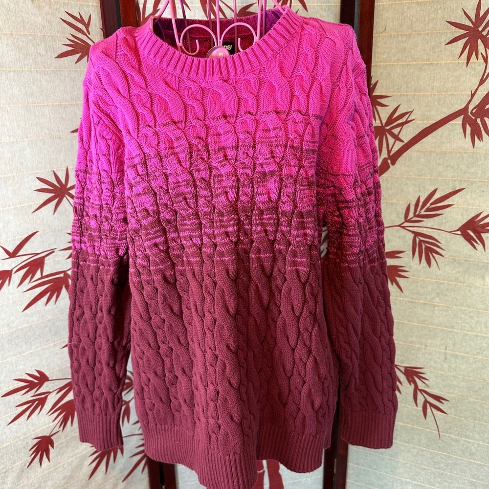 Lands End Ombre Cable Knit Sweater 1X Pink Burgundy Long Sleeve Cotton Crew Neck